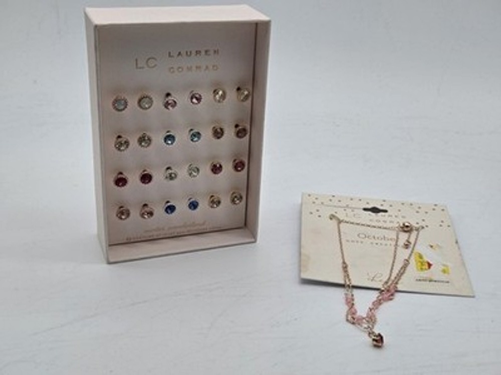 LC Lauren Conrad Stud Earings Set 12 Pairs Plus Pink Necklace Gold Tone Kohls... - Picture 1 of 4